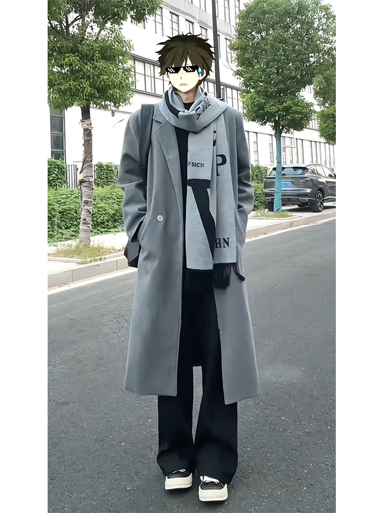 

Korean Hepburn Sle Men's Winter Coat oulder Pad Woolen Coat Aosphere Sensation Windbreaker Long Sve Single Button