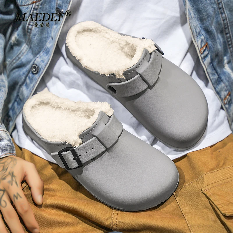 MAEDEF Winter Cotton Slippers Men Warm Slip on Lightweight EVA Slipper Men Plush Lining Indoor Bedroom Loafers Winter Warm Shoes