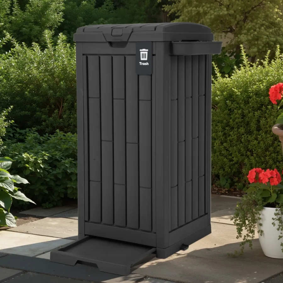 

38 Gallon Outdoor Resin Trash Can with Lid for Patio Backyard Garden Includes Sorting Labels Ash Holder Stakes and Suction Cups