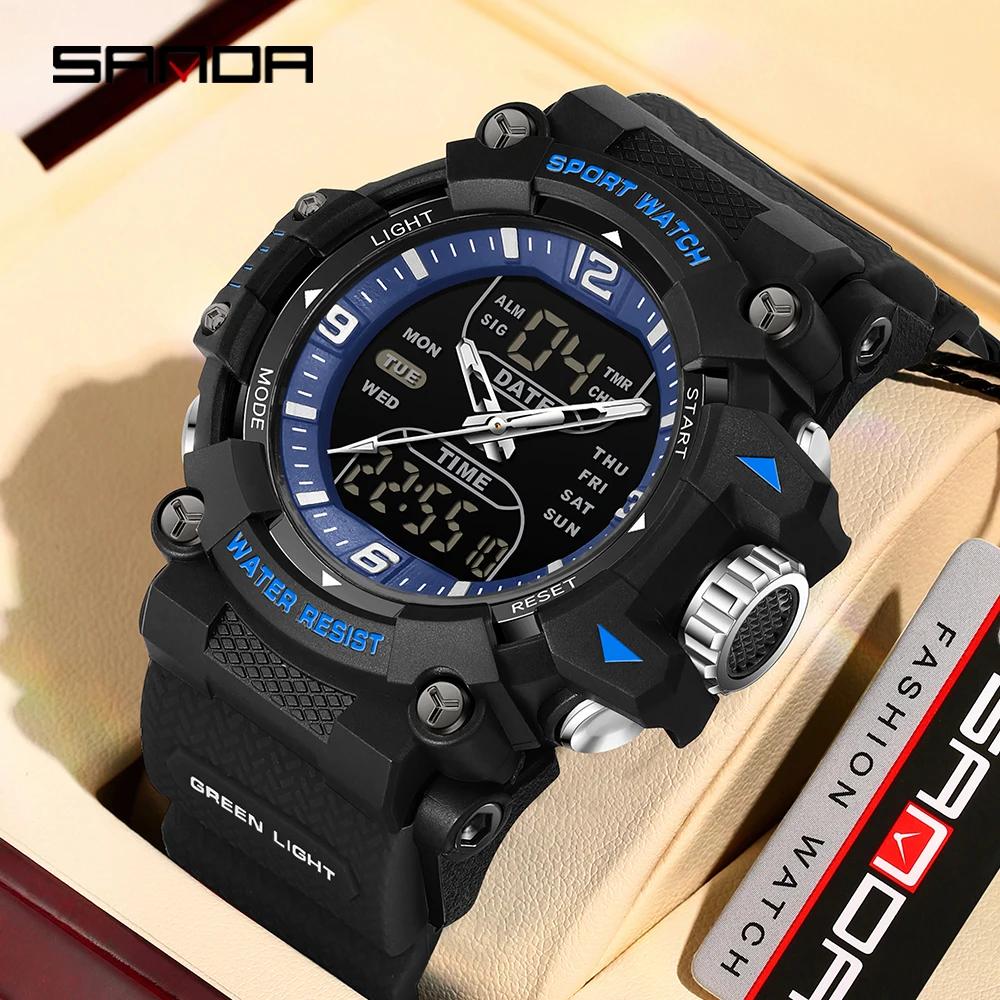 SANDA 6323 ساعة إلكترونية للرجال عرض مزدوج مضيئة مقاوم للماء ساعة الطالب الرياضة في الهواء الطلق ساعة رقمية متعددة الوظائف