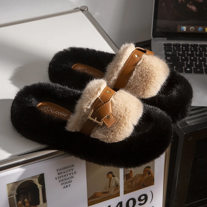 

Fluffy Slippers Women House Flats Winter Fashion Ladies Shoes Indoor Casual Plush Platform Footwear Elegant Fuzzy Slippers