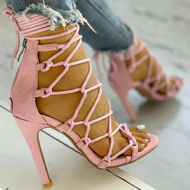 Women's Sandals Cross Strap High Heels 2026 Sexy Open Toe Plus Size Pumps Back Zipper Sandals Pointed Toe Stiletto Women Shoes image 4