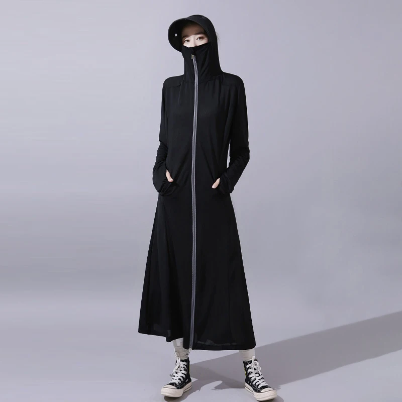 Summer Women Hooded Sun Protection Long Trench Coat With Hand Cover Design Breathable Thin Cool Fabric Cosy Clothing  Outerwear