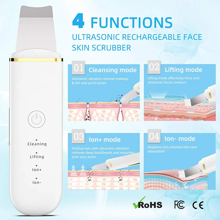Ultrasonic facial cleanser - USB rechargeable, vibrating facial scraping device that can remove blackheads, lift and tighten,