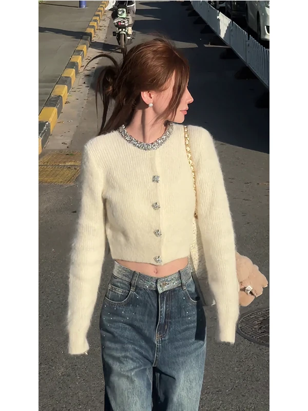 

Женский кардиган в французском стиле с роскошной вышивкой и стразами, вязаный, осенне-зимний, элегантный укороченный свитер-пальто, топ