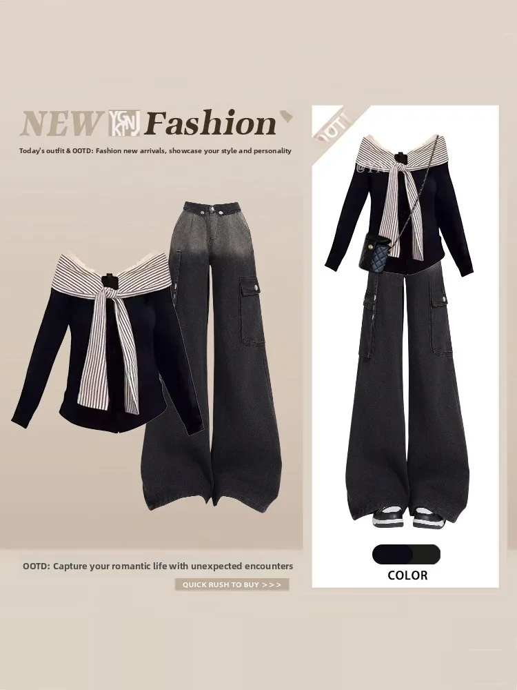 

Sweet And Spicy Knot One oulder Striped Slimming Top And Cargo Pants Two Piece Set Women's Spring Workwear Denim