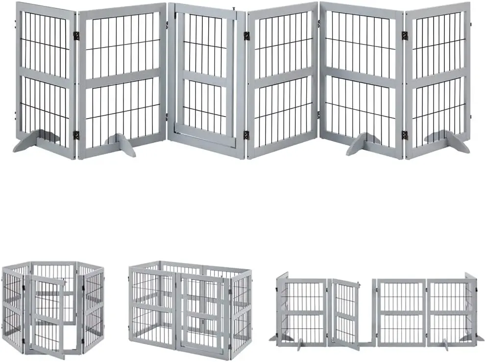 6 Panels Extra Wide Freestanding Foldable Stairs Barrier Walk Through Dog Gate with 4 Support Feet