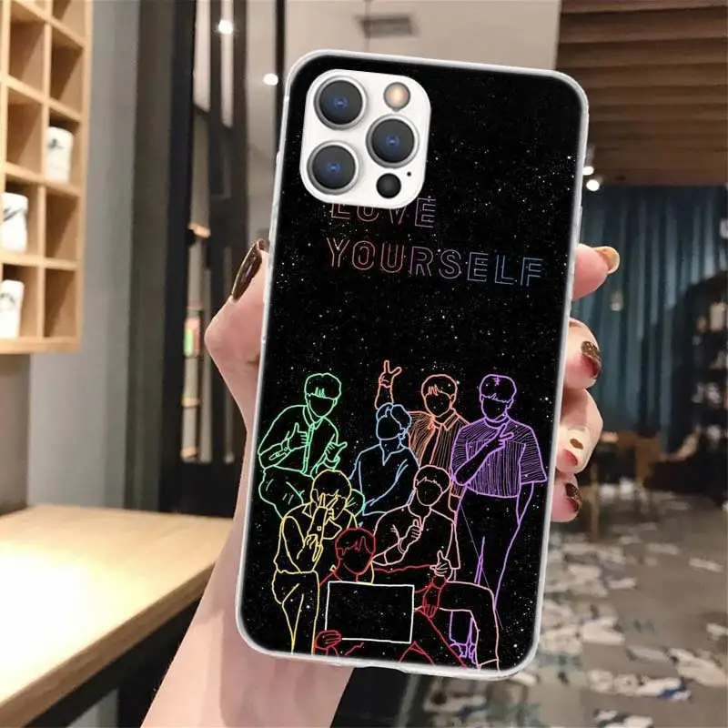 Love Yourself Flower Heart Line Kpop Soft Phone Case For iPhone 15 14 13 12 Mini 11 Pro Max X XR XS 7 Plus 8 + SE 2020 Pattern C