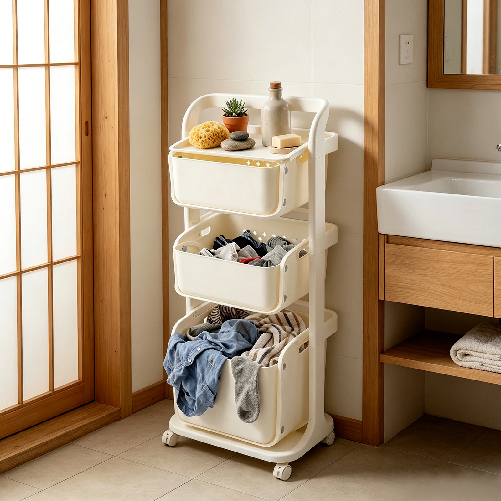3-Tier Laundry Hamper, Laundry Hamper with Wheels, Rolling Dirty Clothes Hamper, Multi‑Purpose Dirty Clothes Organizer for Home Bedroom