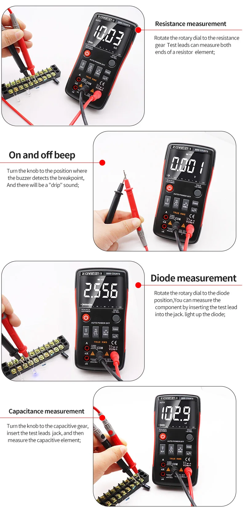 ZOYI ZT‑X 9999 Counts True RMS Digitalmultimeter mit automatischer Bereichswahl, NCV-Spannung, Strom, Widerstand, Kapazität, Temperaturmessgerät – Detail 8