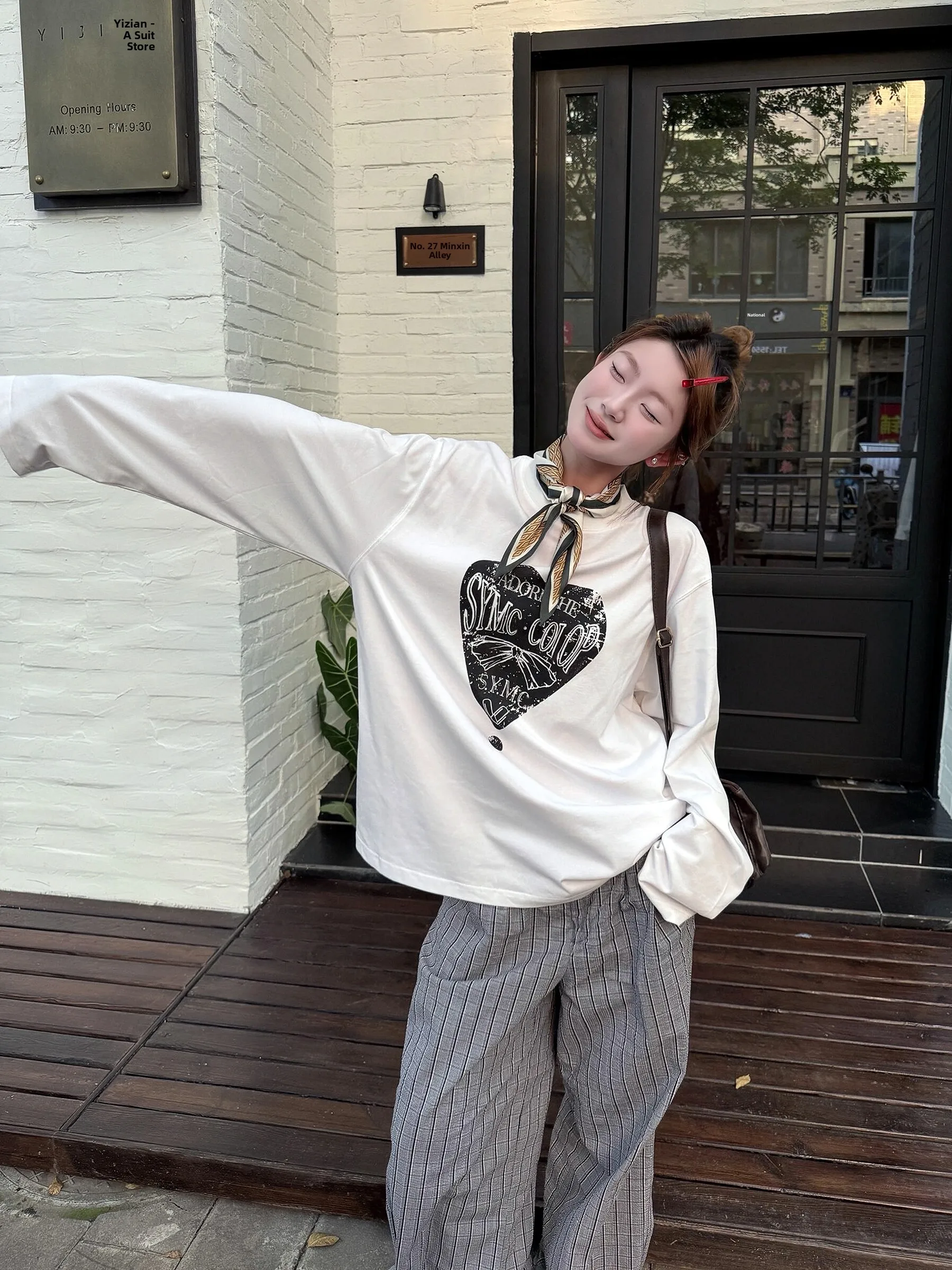 Sakura Model Vintage Design Printed Heart Long Sleeve T-Shirt Loose Casual White Women's Top Cotton Sweat Absorbent Regular Fit