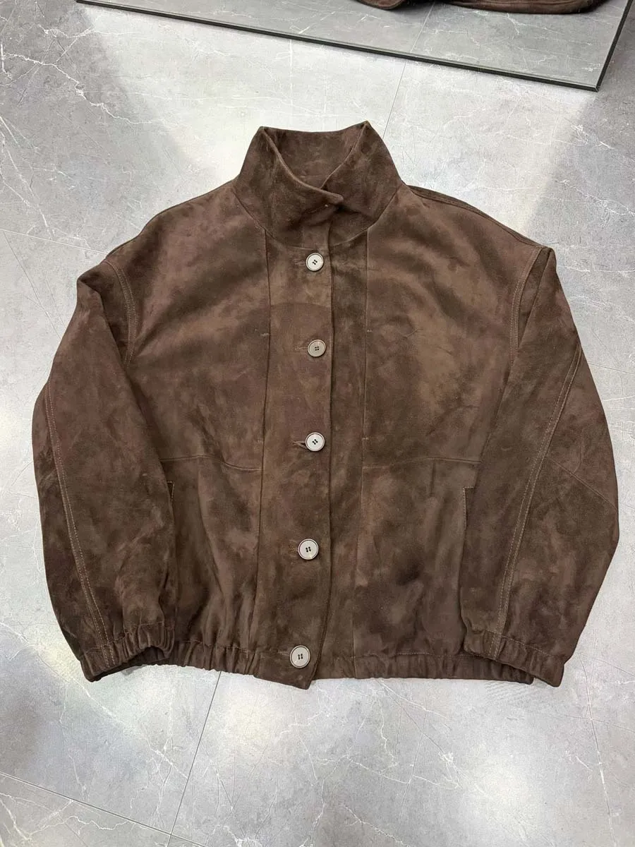Giacca Bomber Retrò in Pelle Scamosciata e Pelle di Pecora da Donna 2026, Cappotto Corto Vintage con Colletto Rialzato e Vita Elasticizzata, Chic Veste Femme