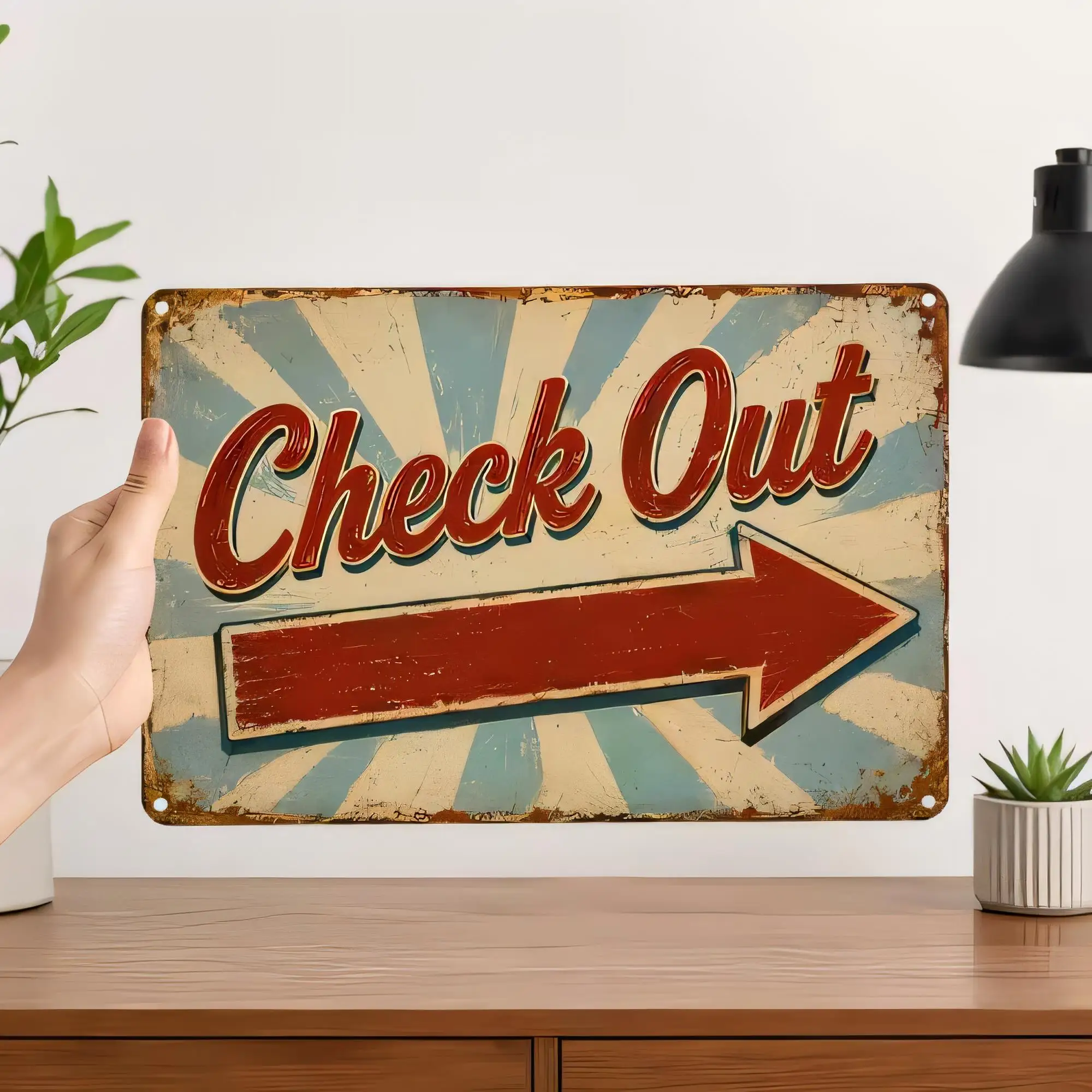 Tin Sign “Check Out” Vintage Beach Wall Plaque Metal Rustic Retro Shabby Chic Home Bar Garage Decor, 8x16  Hanging Retro Poster