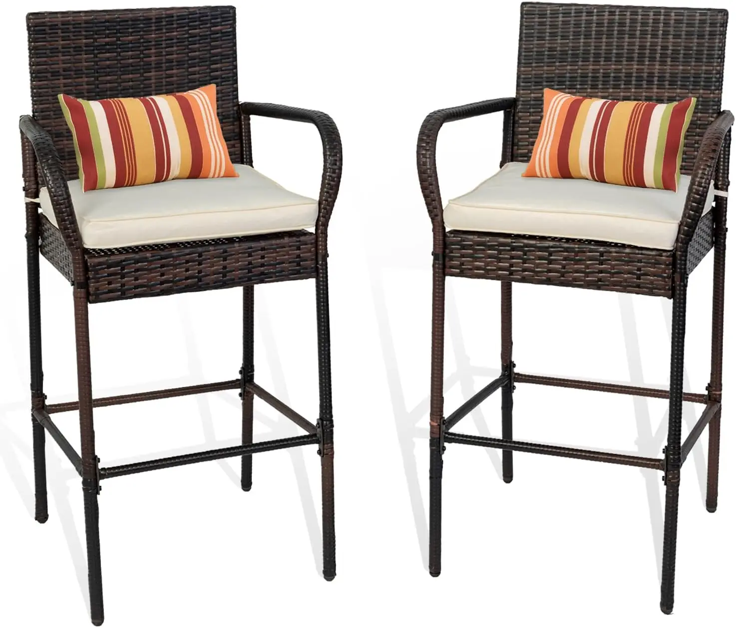 Bar Stools Set of 2,Rattan Bar Stool Wicker Chairs,Patio Bar Height Chair ,Cushion Beige,All-Weather Outdoor Rattan Furniture