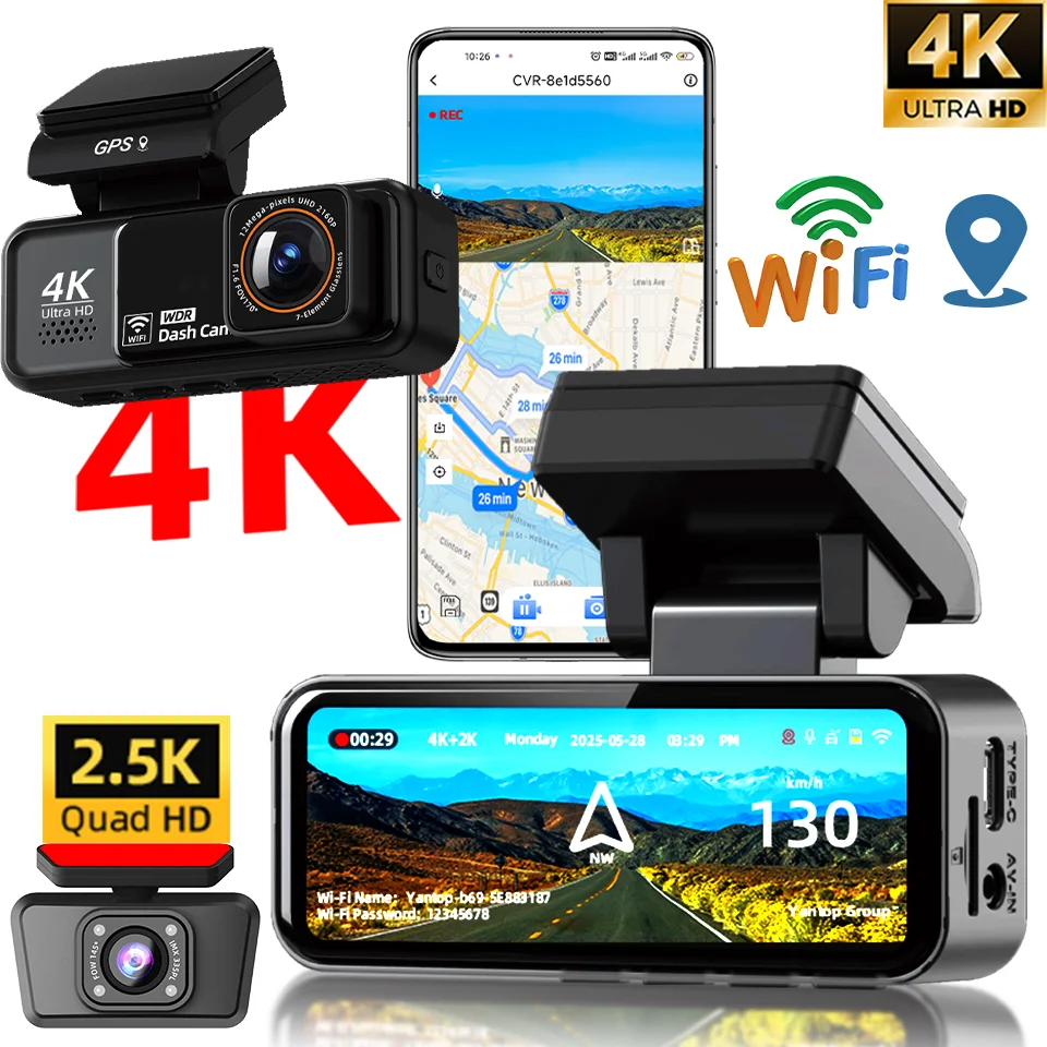 

Видеорегистратор 4K со встроенным Wi-Fi и GPS, HD ночное видение, запись в циклическом режиме, круглосуточный мониторинг парковки, управление через приложение, камера безопасности