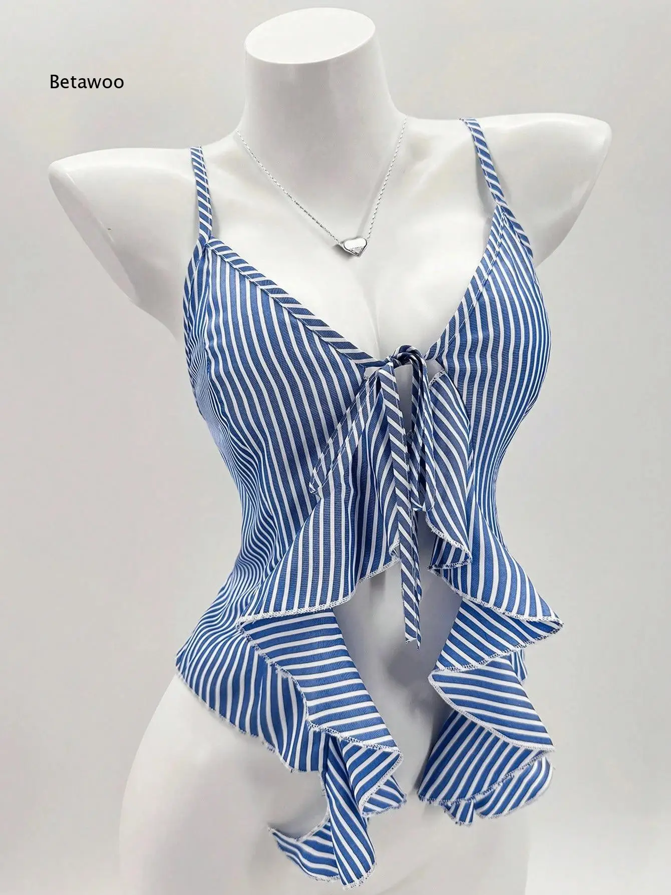 Women Striped Cami Top With Tie Detail Irregular Hem Open Back Sleeveless Blouse Slim Fit Design For Street Look Beach Vacation