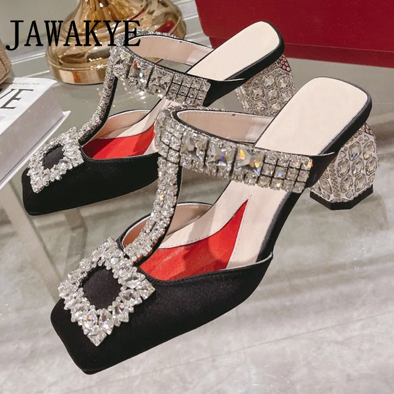 Summer Banquet Chunky Heel Silk Slippers Ladies Square Toe Slides Party Bling Heels Diamonds Holiday Mules Dress Sandals Women