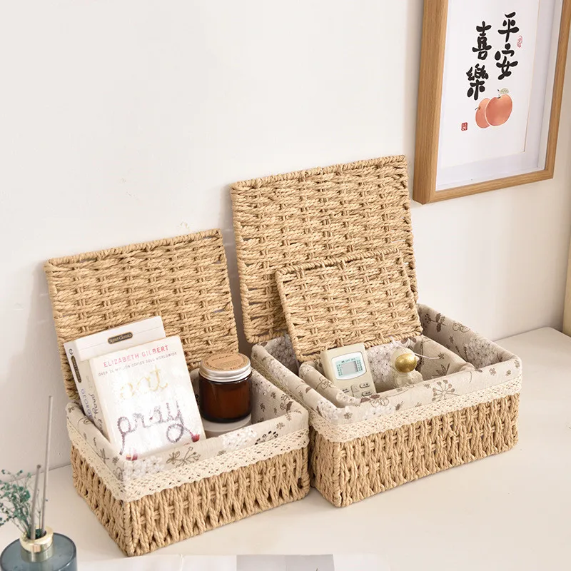 Woven Storage Baskets with Lid Handmade Rattan Box Desktop Sundries Organizer Food  Book Snack Picnic Basket Wicker Baskets