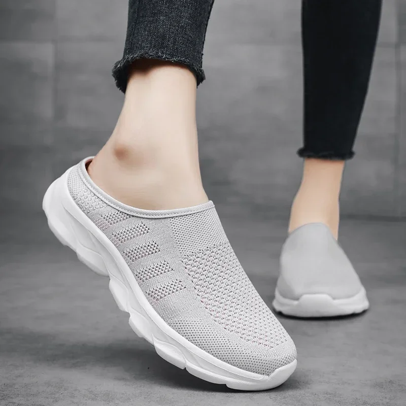 

2025 Summer Women Flats Comfortable Couple Sneakers Mesh Casual Shoes Breathable Half Loafers Fashion Outdoor Indoor Slippers