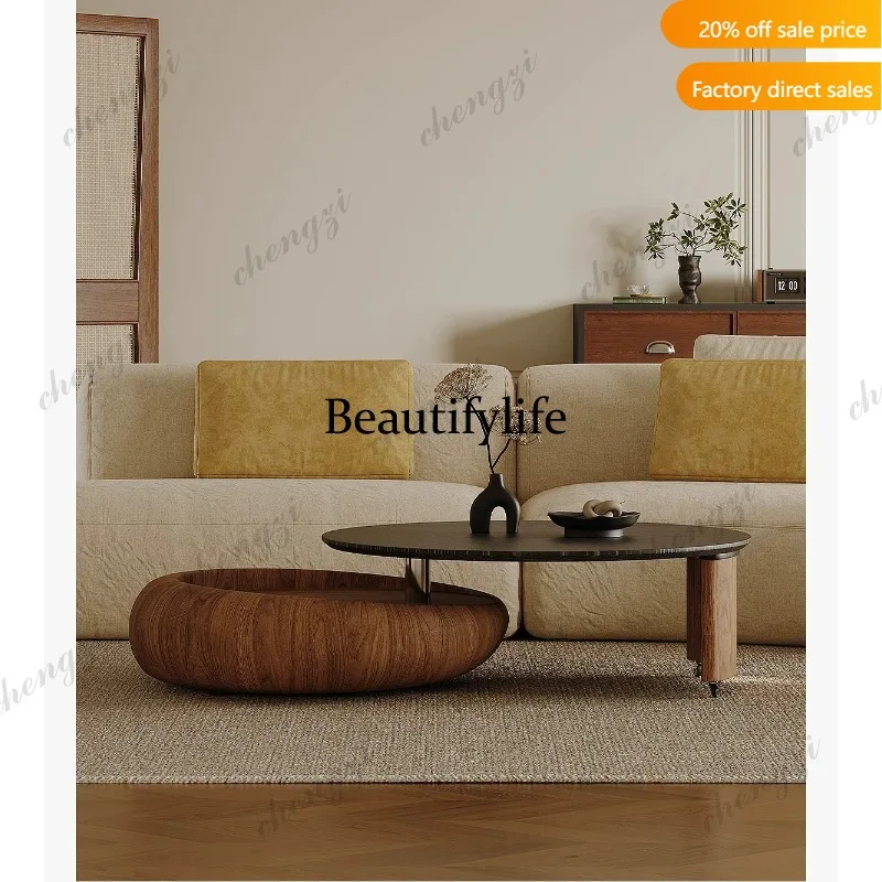 P37 Medieval style rotating coffee table living room French retro advanced sense wabi sabi wind round coffee table