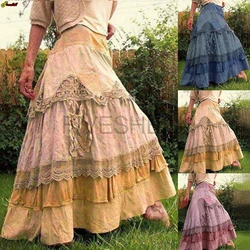 New Medieval Renaissance Costume Women's Retro High Waist Lace Stitching Big Swing Skirts Halloween Party Elegant Cake Skirt