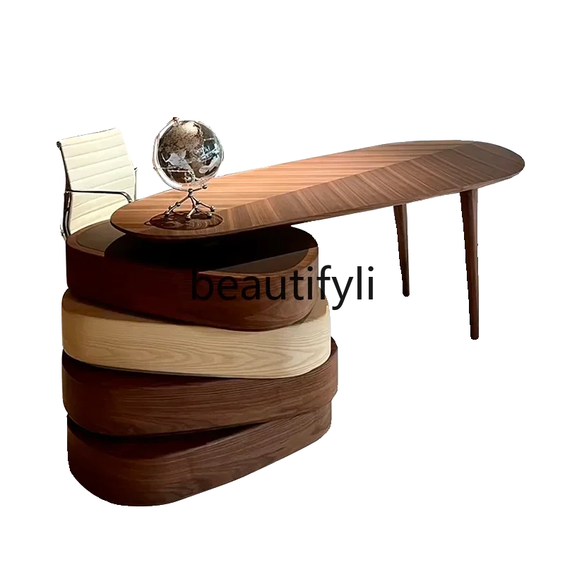 

Italian solid wood modern simple desk large class desk walnut study retro rotating desk