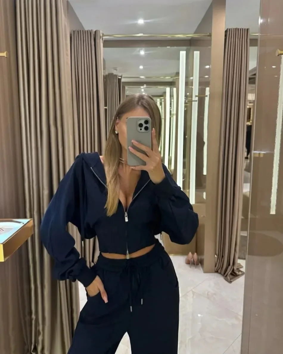 Frühling Herbst Bequemer Freizeitanzug Damen Reißverschluss-Cardigan mit Kapuze Langarm-Sweatshirt und Weite Hose mit Bindebändern Zweiteiliges Set – Detail 19