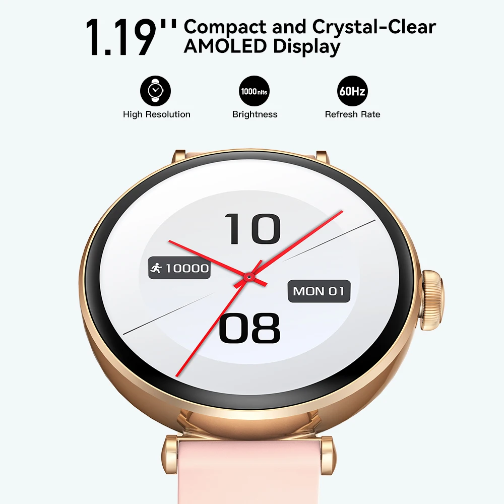 ساعة ذكية Kieslect Lady Calling Pura بشاشة AMOLED مقاس 1.19 بوصة IP68 مقاومة للماء لنظام Android iOS مع مراقب معدل ضربات القلب