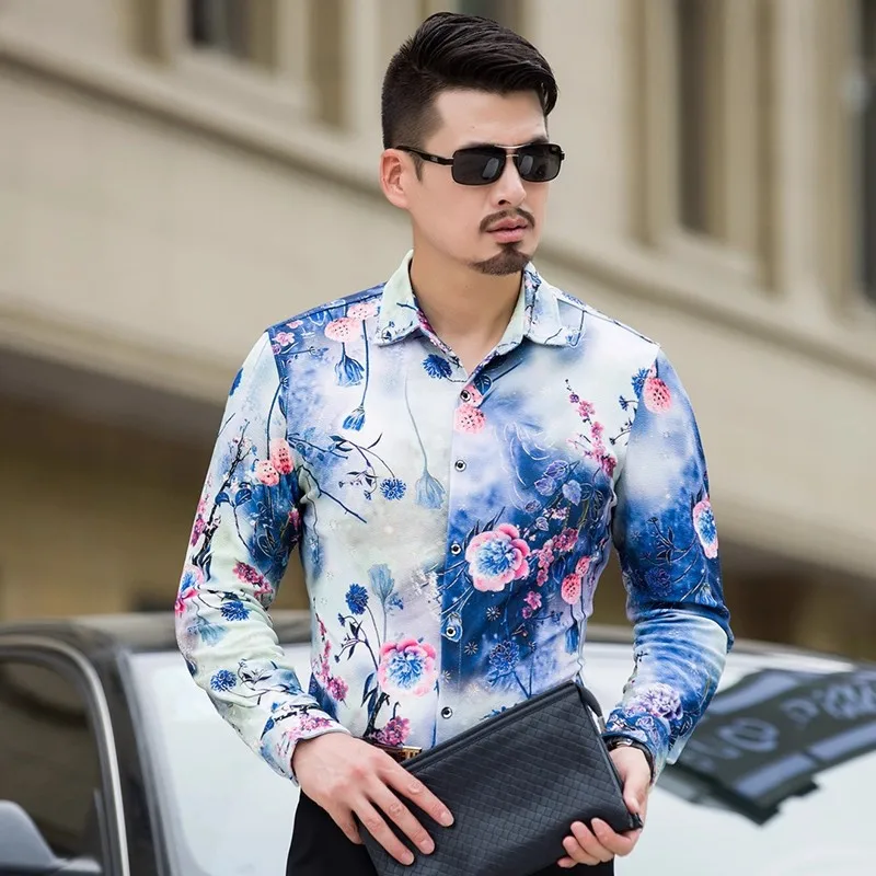 

New Men's Printed Shirt Asian Size M-7XL Red Green Long Sleeve Collar Shirt Men's Wedding Ball Party Dress Shirt