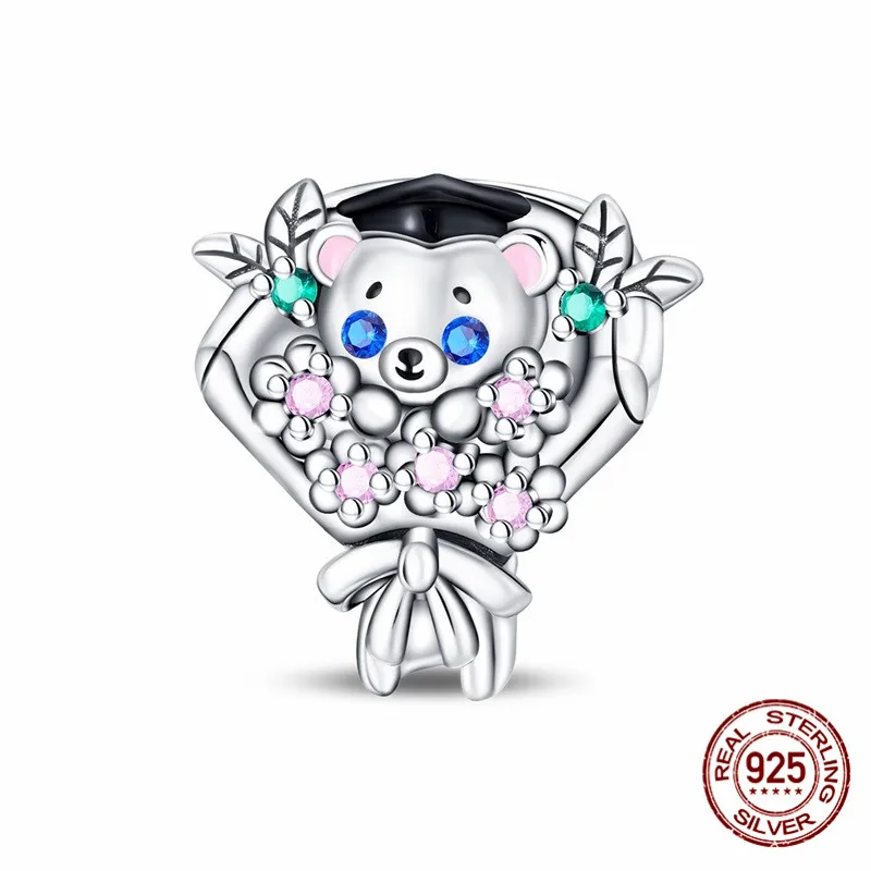 

925 Sterling Silver Bouquet Bear Pendant Bead Inlaid with Zircon Paired with an Original Bracelet DIY Womens Jewelry Gift