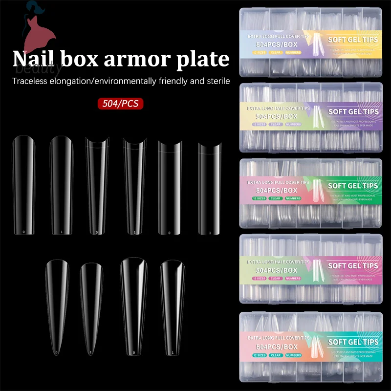 504 Stks/doos C Curve Rechte Nagel Tips Platte Vierkante Half Bedek Valse Vinger Doodskist Acryl Tip Lange Nagel Lijm Manicure Tool