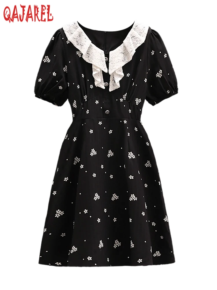 

Black Floral Chic Lace Doll Collar Women's Dress Summer Short Sleeve Elegant Casual Prom Dress 2024 Korean Vintage Hepburn Dress