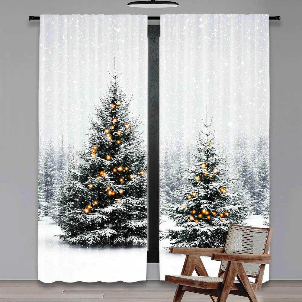 2Pcs Christmas Curtain Natural Winter Forest Snowflake Snowfall White Snow Tree Home Party Decoration Modern Simplistic Drapes