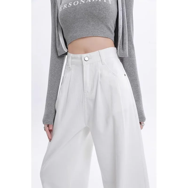 กางเกงยีนส์ทรงตรงเอวสูงขากว้างแบบใหม่สำหรับฤดูใบไม้ผลิ ผู้หญิง สีขาวพับได้ ทรงหลวม ช่วยให้ดูผอม ยาวคลุมเท้า ผ้าพลิ้ว