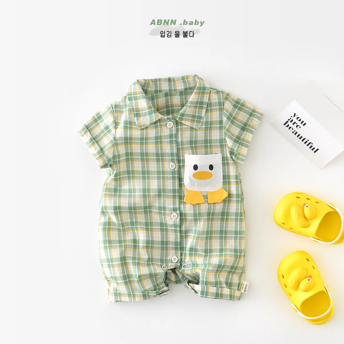 Summer Cute Green Plaid Infant Baby Bodysuits and Rompers Short Sleeve Linen Breathable Babe Boys and Girls One Piece Outfit