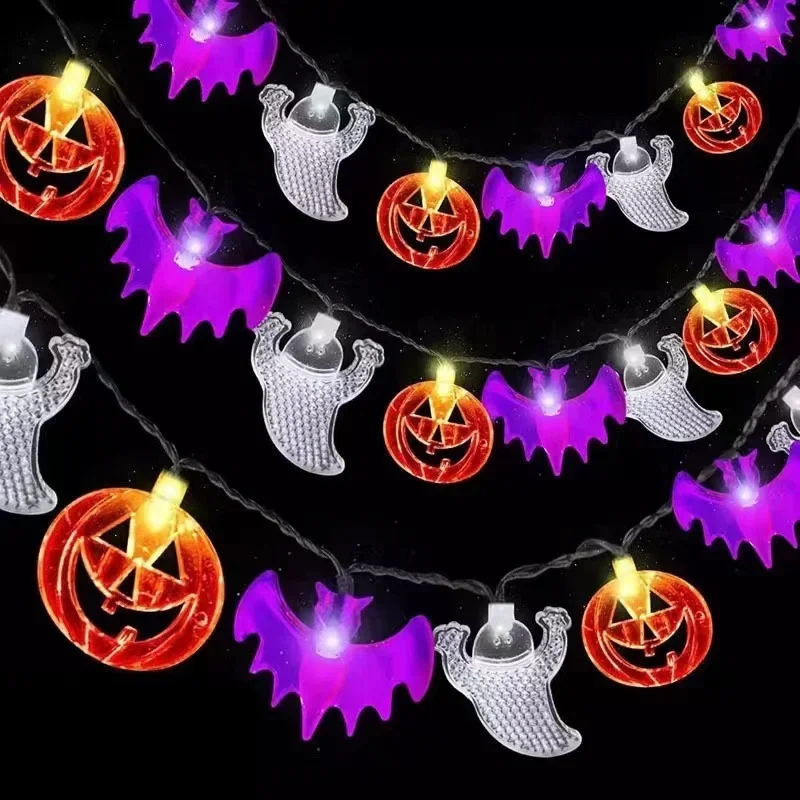 Halloween abóbora luzes da corda morcego aranha lâmpadas de corda alimentado por bateria ao ar livre festa de halloween guirlanda decoração luz da noite