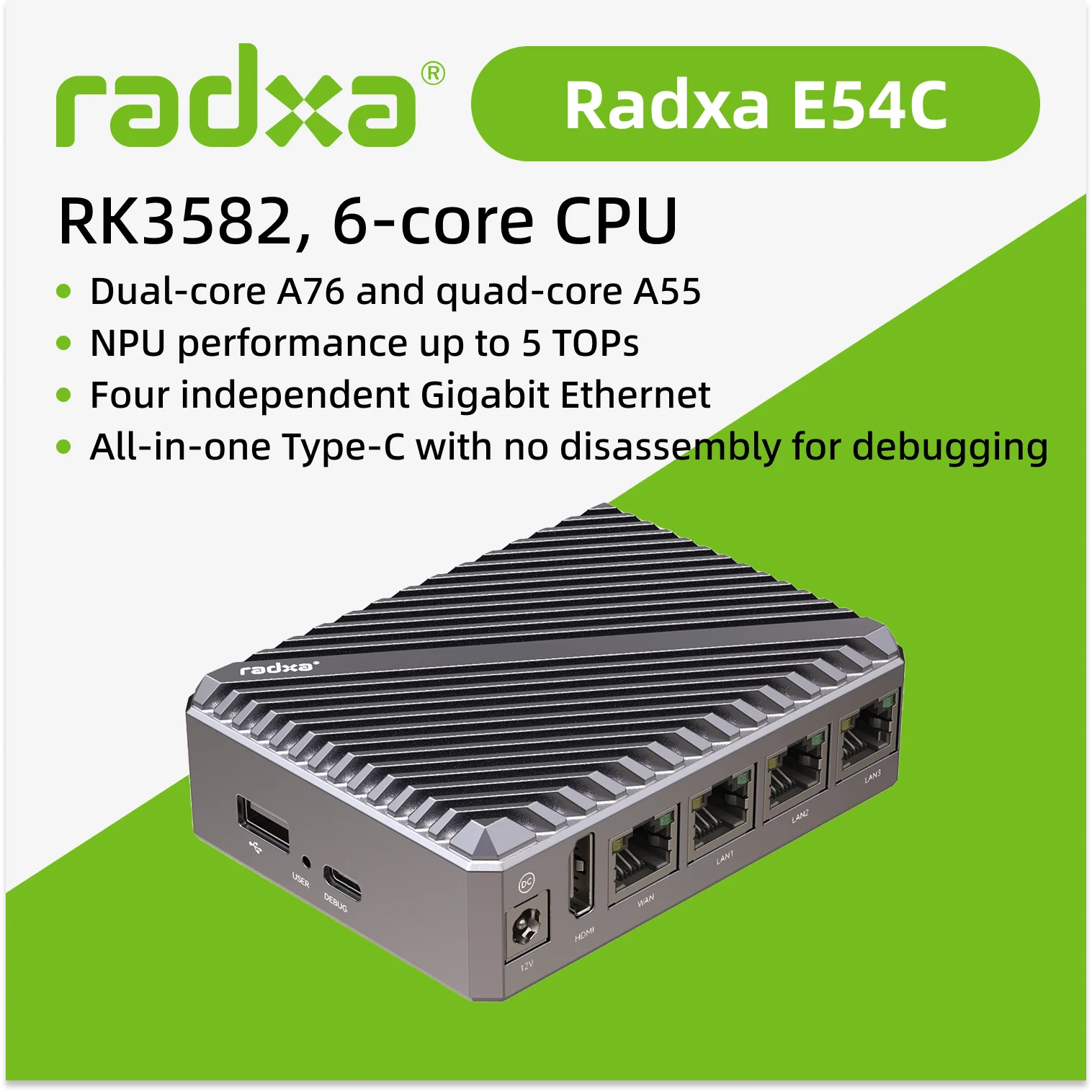 Radxa E54C - High-Performance AI Edge Network Computer, Dual A76, 5Tops NPU, 4x GbE, NVMe, USB 3.0, Type C
