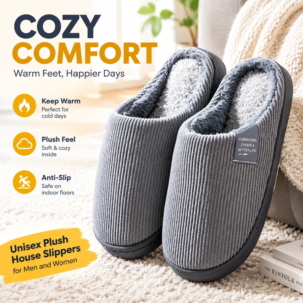 Unisex Plush House Slippers for Men and Women, Anti-Slip Thermal Indoor Winter Shoes with Thick Soft Sole for Home Comfort
