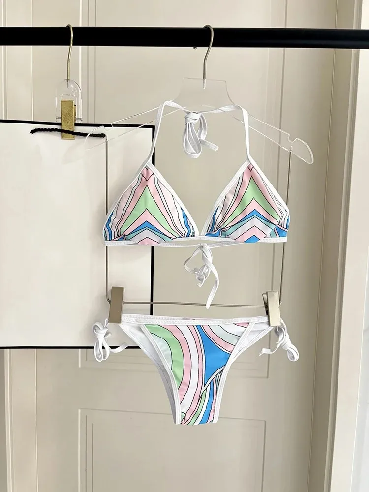 Summer Beach Style Fashion Party Geometric Printing Bikini Set Women's Sexy Ultrashort Tops+Low Waist Slim Pants 2 Pieces Set