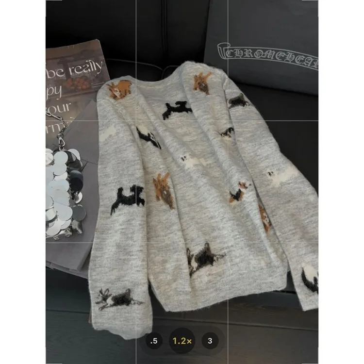 Lazy Cute Dog Print O-neck Cardigan Coat Women 2024 Early Autumn New Knitted Tops Mujer Y2k Long Sleeve Loose Sweaters