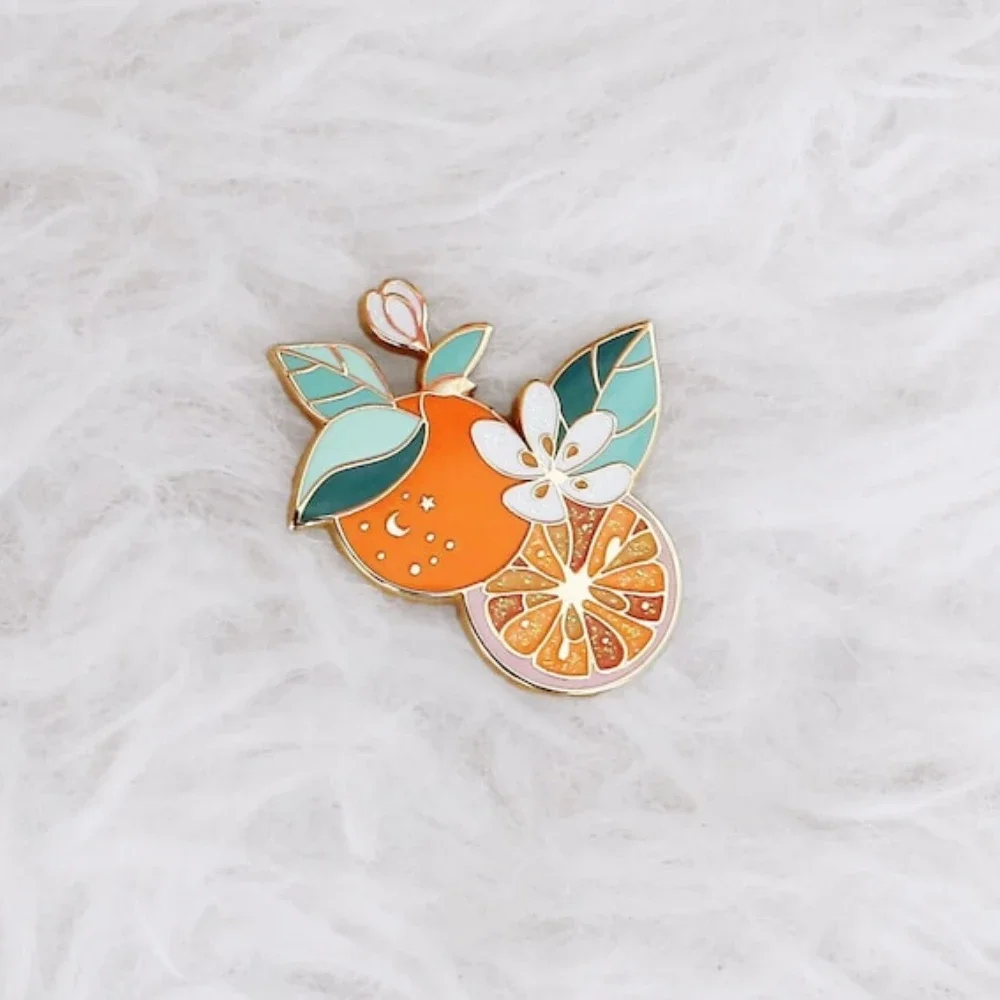 Orange Flowered Glitter Enamel Pin Citrus Badge Fruit Brooch for Jewelry Accessory Gifts