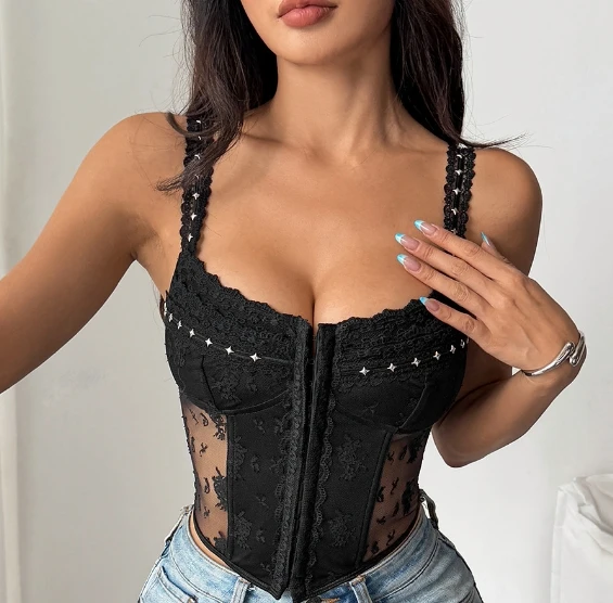 Sexy PATCHWORK sheer Lace Chic Strapless Camis Slim Korean Tanks Top Elegant Basic Crop Top Autumn Women Bustier