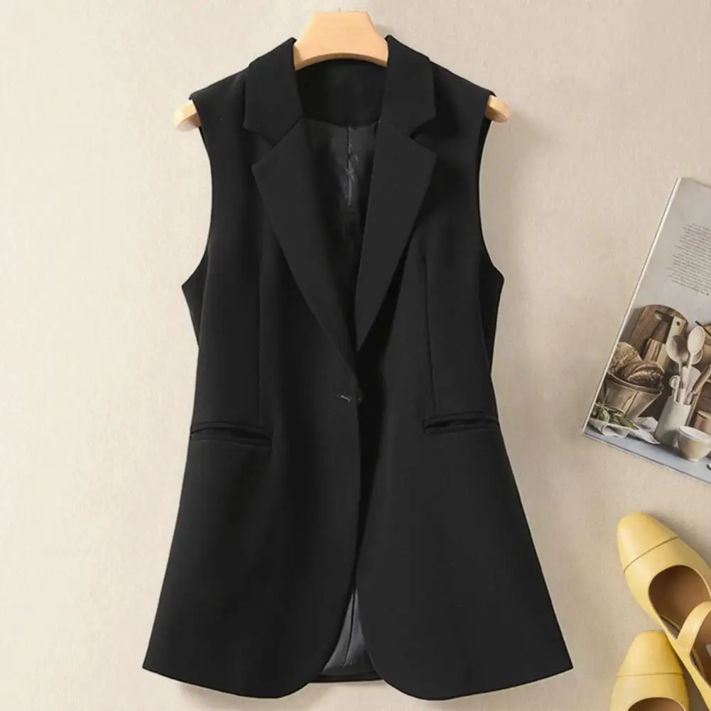 Women Summer Suit Vest Lapel Sleeveless Pockets Design Single Button Waistcoat Solid Color Work Office Style Vest Coat