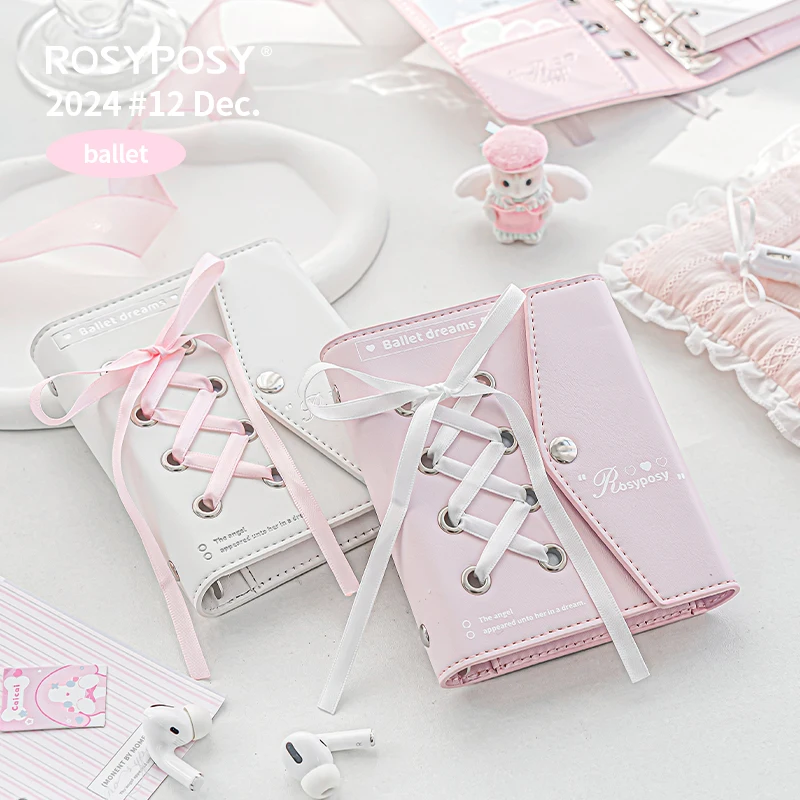 Kawaii Ballet Ribbon Binder M5 Notebook Silver Leather Journal Loose Leaf Girl Student Diary Notebook M5 다이어리 72pages