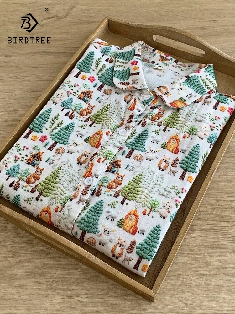 

New 2026 Spring Women Cotton Yarn Long Sleeve Shirt, Turn-down Collar Print, Mori Girl Comfortable Soft Loose Blouse T62993CC