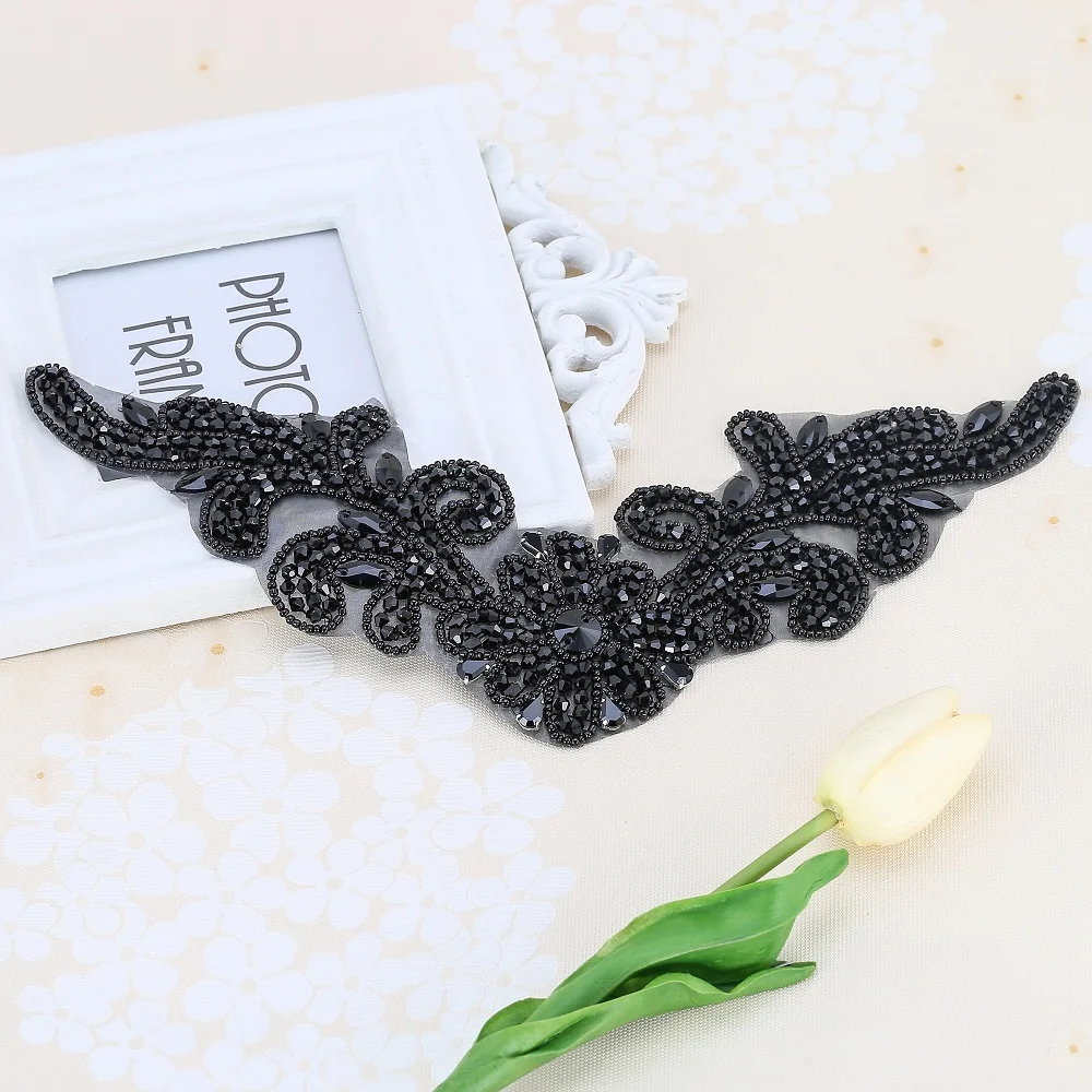 FZD 1 PC Black Crystal Rhinestone Applique Welding Flower Patch Sew on Wedding Dress Sleeves Accessories Rhinestone Applique DIY