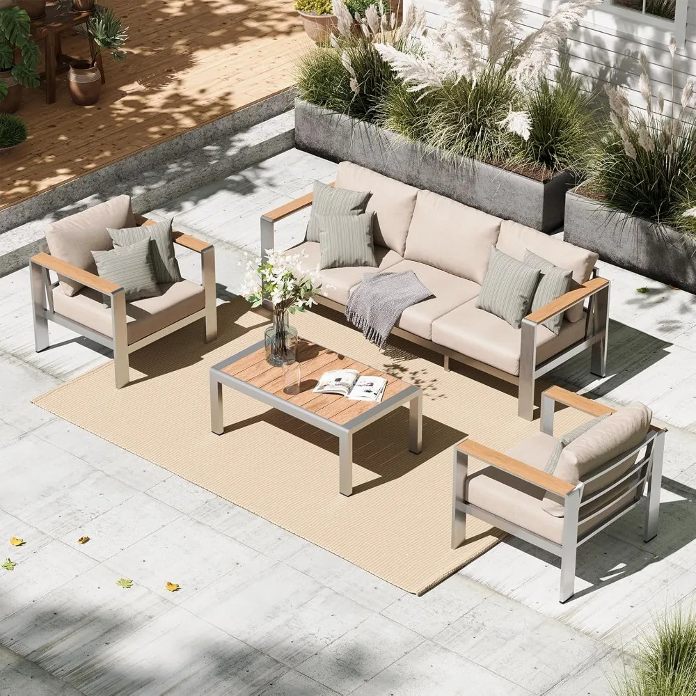 

Aluminum Outdoor Patio Furniture Set with Coffee Table, 4 Piece Patio Conversation Sets with Washable Thick Cushions, Patio Sect