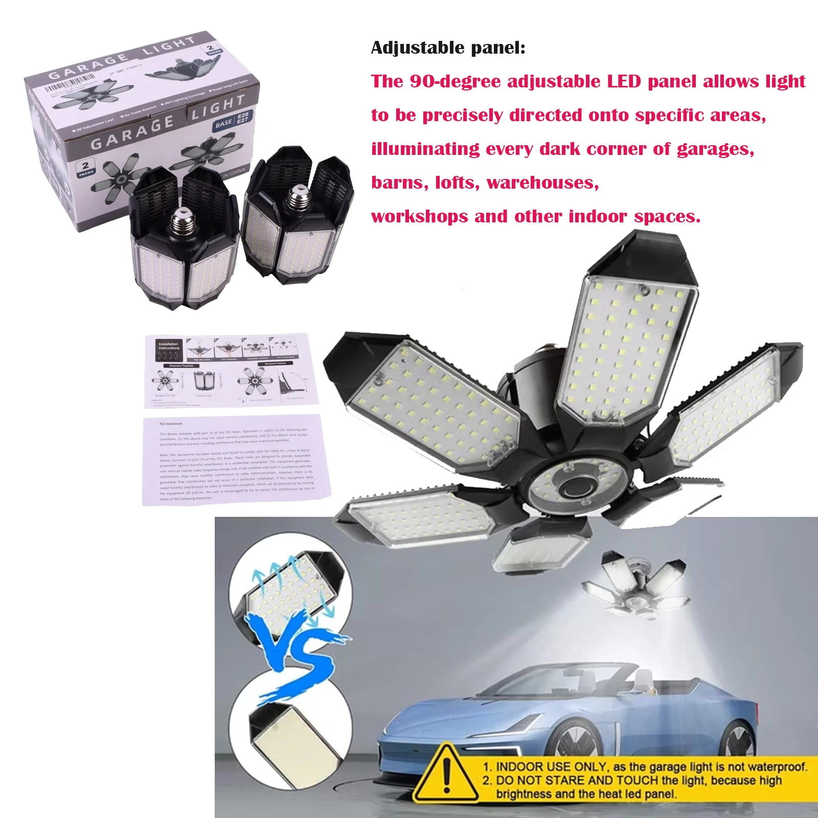 2pcs LED Garage Lights, Super Bright 64000LM 160W LED Garage Ceiling Light, 6500K LED Shop Light, W/6 Deformable Panels Screw in E26/E27 Socket LED Bulbs for Workshop Storage Warehouse