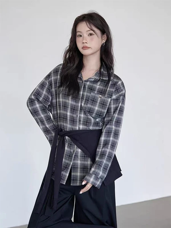 

Большие размеры 300, женский клетчатый воротник, свободный крой в стиле ретро, смесь хлопка и полиэстера, длинная повседневная одежда