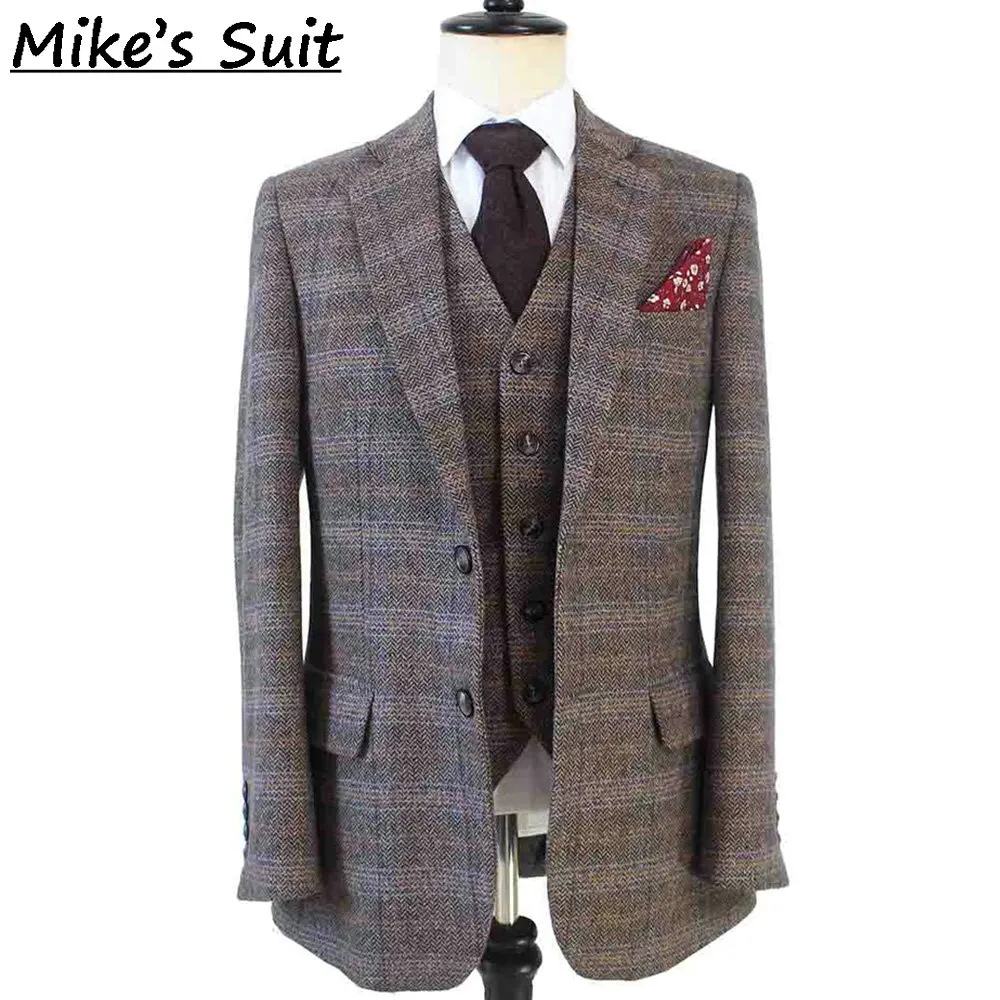 Traje de 3 Piezas para Hombre, Diseño Herringbone, Estilo Príncipe de Gales, Tweed Vintage, Blazer, Chaleco y Pantalones de Lana, Traje de Boda